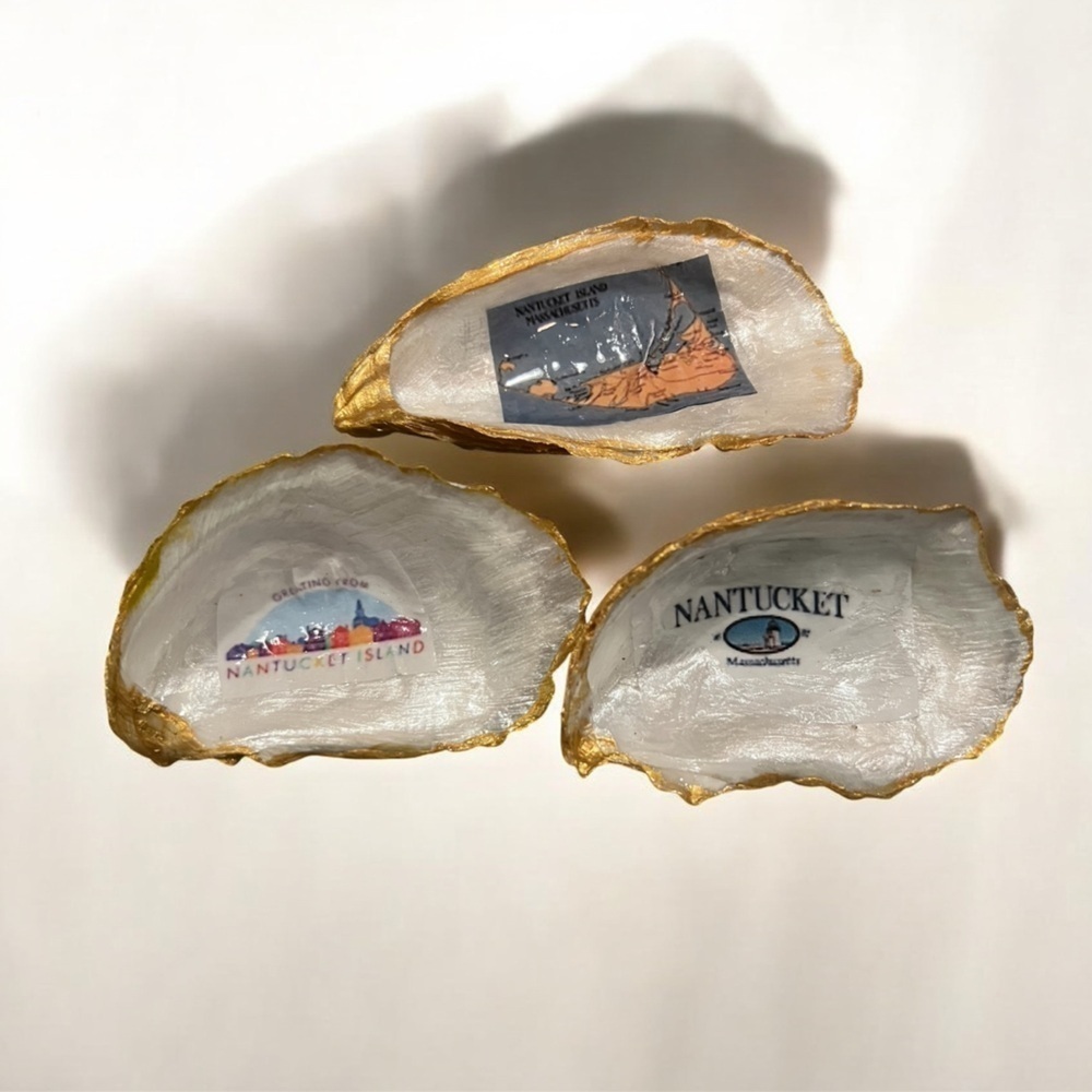 Nantucket Decorative Oyster Shells – Set of 3 with Gold Trim